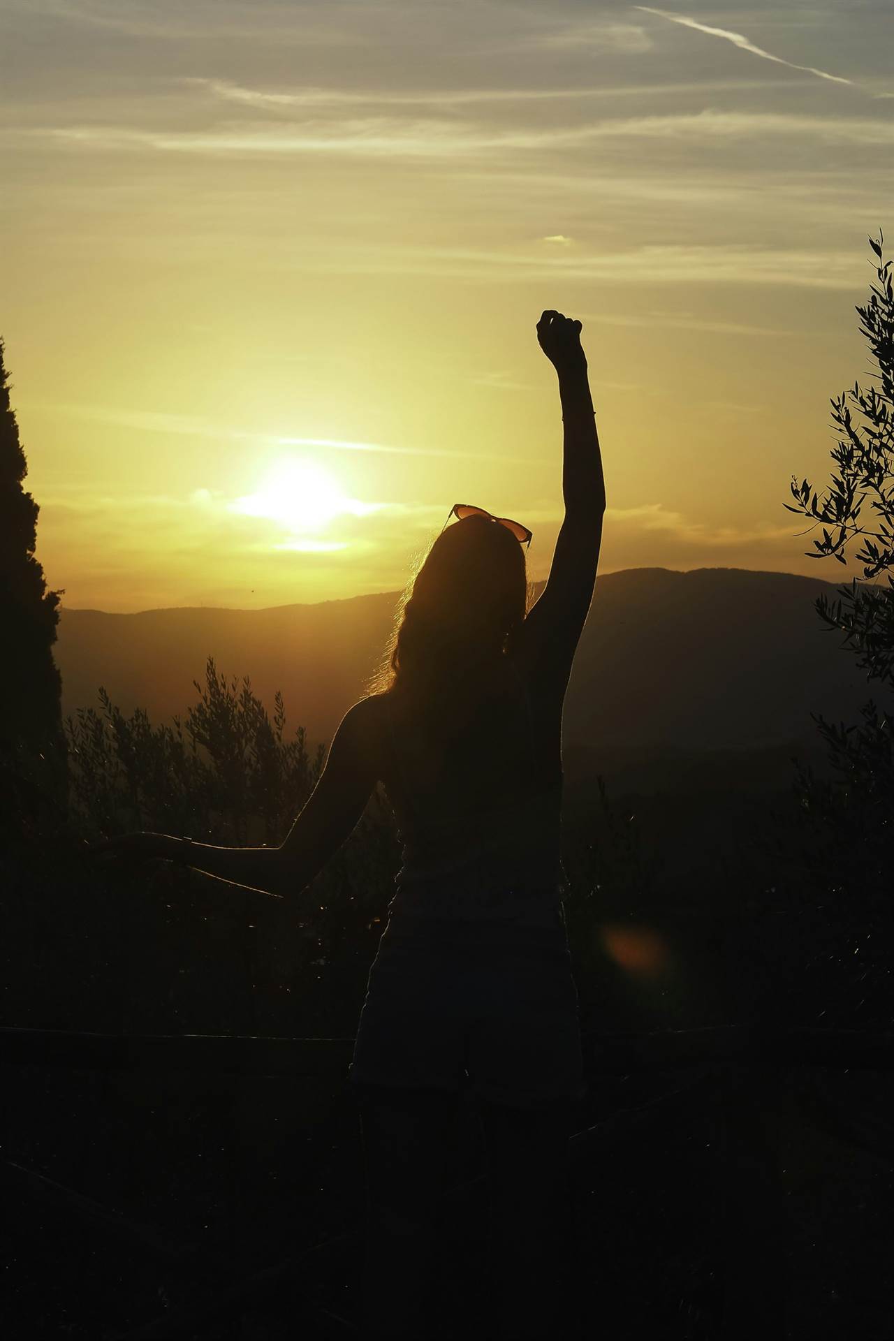 Runner silhouetted with arms raised in triumph against a golden sunset