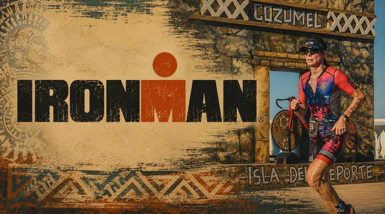Athlete running past the IRONMAN Cozumel arch on the island course