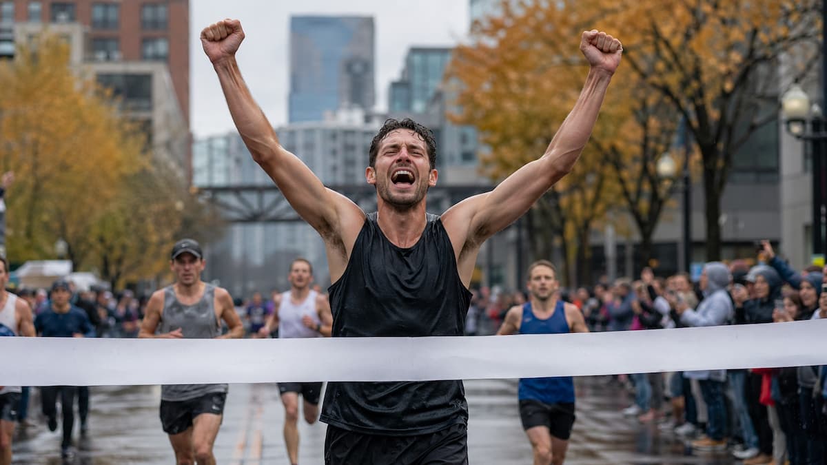 Corredor cruzando la meta en una maratón internacional