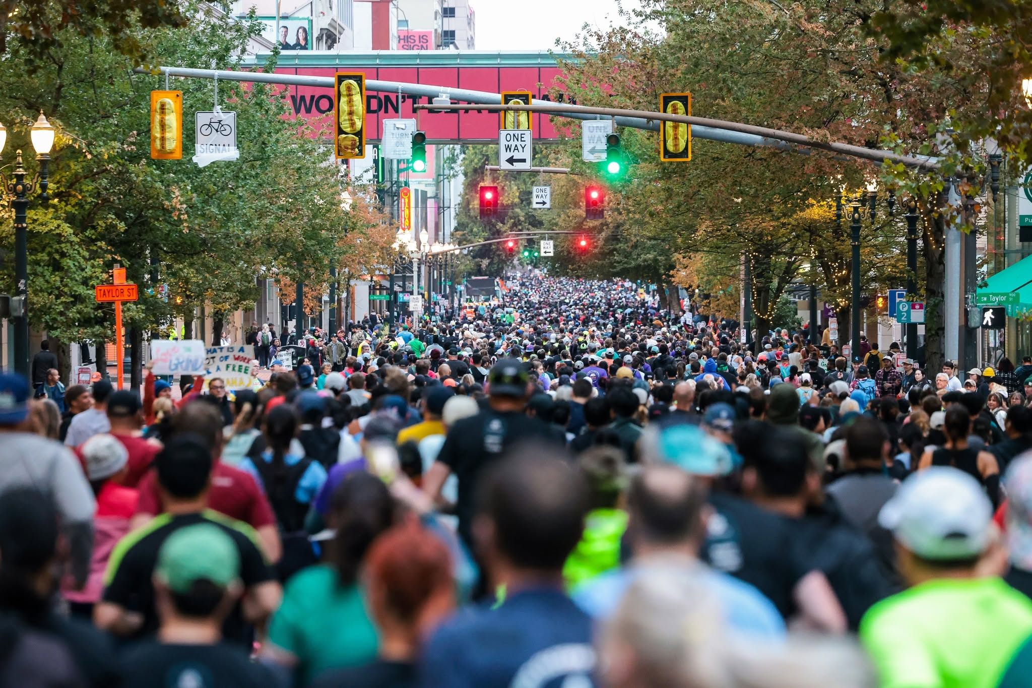 Portland Marathon runners filling the city streets