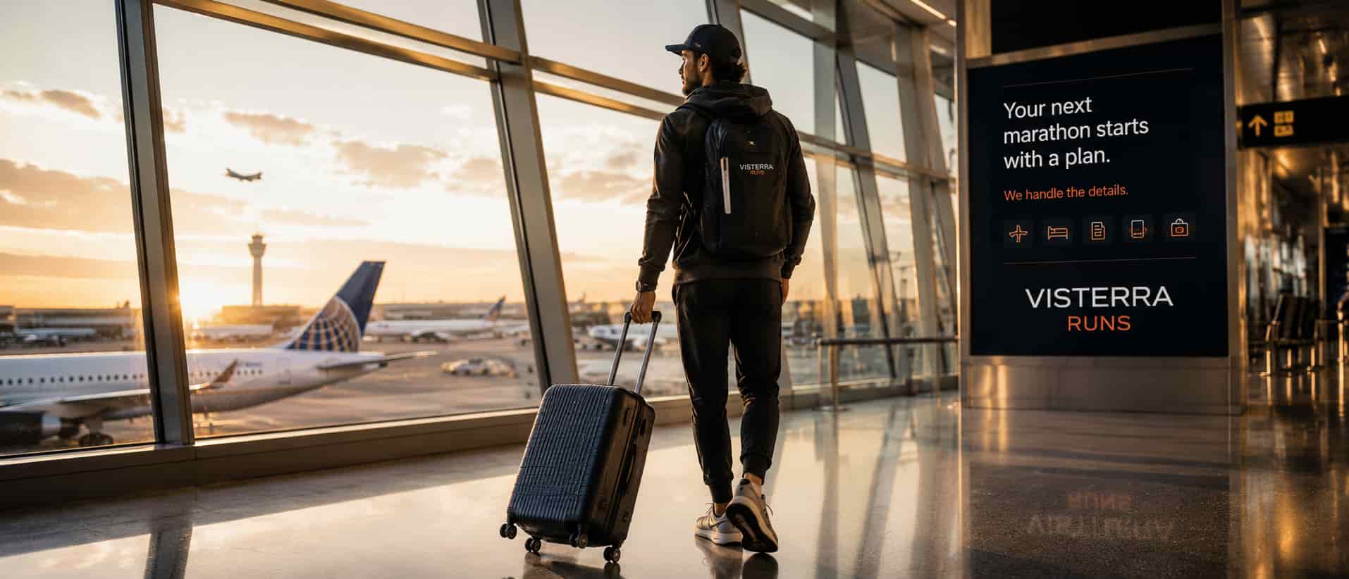 Runner viajando con maleta en aeropuerto, preparado para una marathon internacional con Visterra Runs